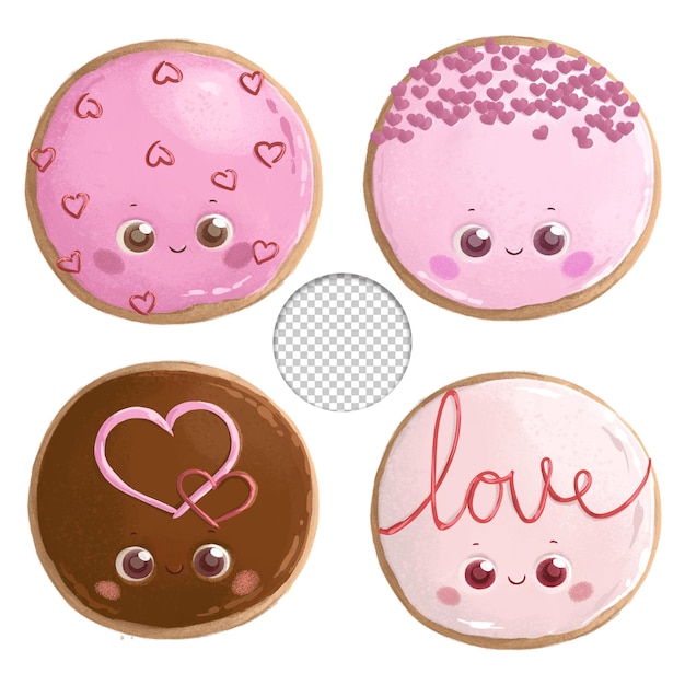 PSD joli ensemble de quatre biscuits ronds au chocolat noir rose saint-valentin style kawaii sur fond blanc