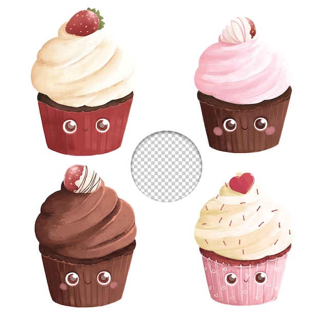 Joli ensemble de quatre cupcakes au chocolat vanille fraise Saint-Valentin style kawaii sur fond blanc