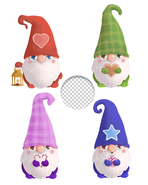 Un joli ensemble de quatre gnomes de Noël de style kawaii sur fond blanc