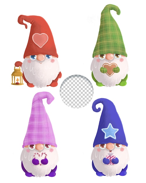 Un Joli Ensemble De Quatre Gnomes De Noël De Style Kawaii Sur Fond Blanc