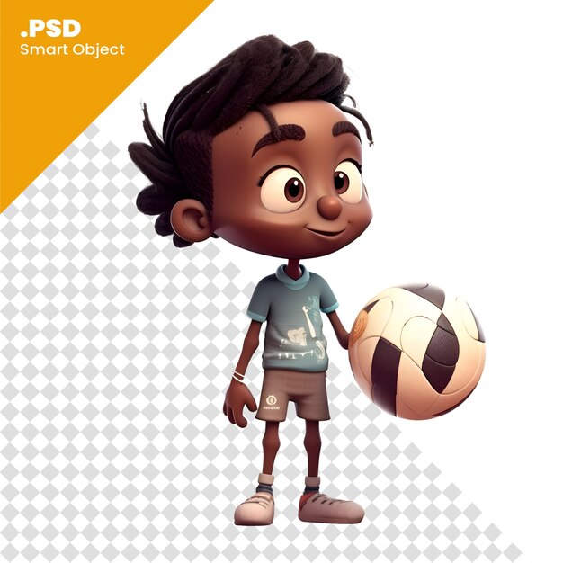 PSD joli garçon afro-américain avec un ballon de football modèle psd de rendu 3d