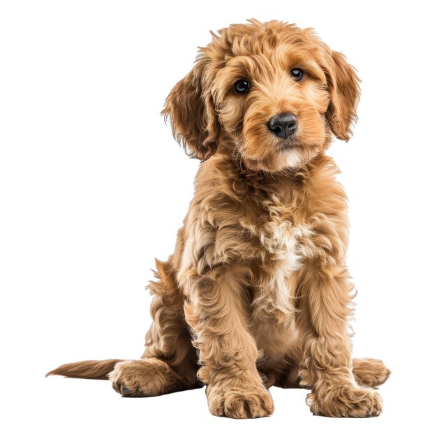 PSD joli jeune cobberdog alias labradoodle chiot assis sur les côtés regardant vers la caméra isolé sur un fond blanc