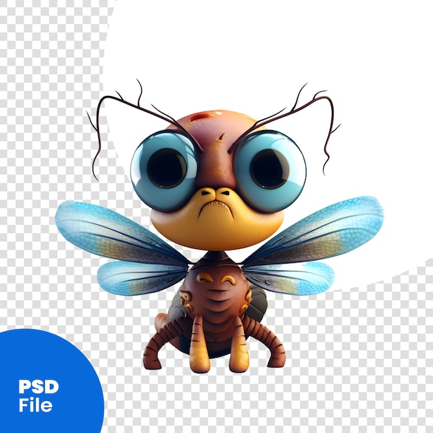 PSD un joli libellule de dessin animé isolé sur un fond blanc modèle psd de rendu 3d