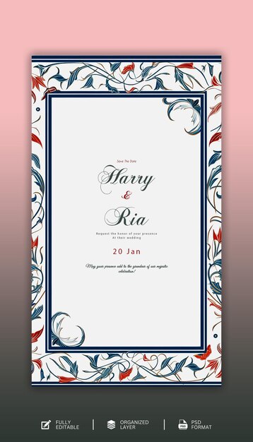 PSD joli modèle d'invitation de mariage à fleurs dessinée à la main