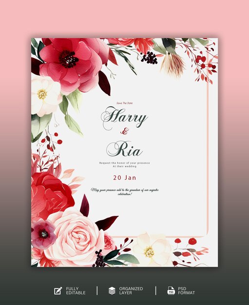 PSD joli modèle d'invitation de mariage à fleurs dessinée à la main