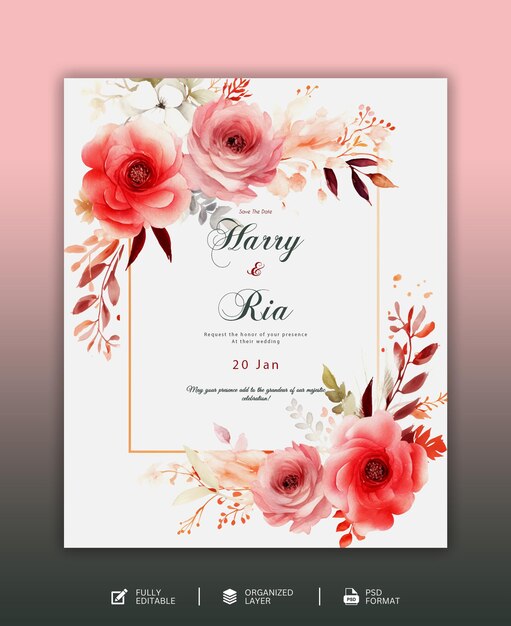 PSD joli modèle d'invitation de mariage à fleurs dessinée à la main