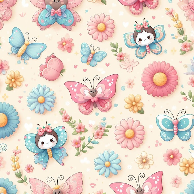 PSD joli papillon avec motif sans couture de fond de fleur