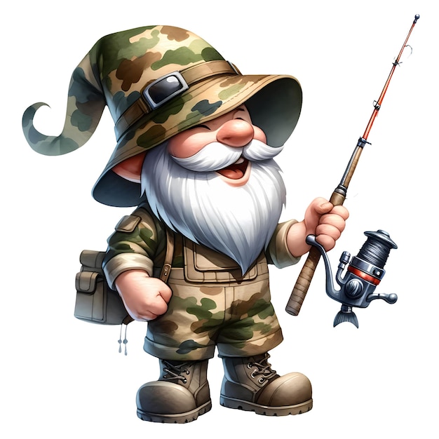 PSD joli pêcheur gnome portant un camouflage à l'aquarelle illustration de clipart