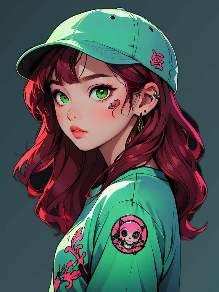 PSD joli personnage d'adolescente de dessin animé avec des cheveux roux et des yeux verts portant un chapeau vert