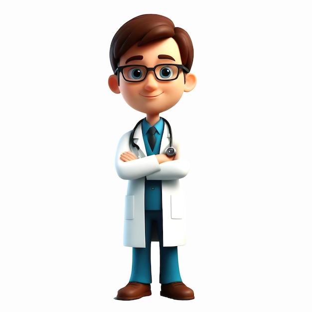 PSD joli personnage de docteur en 3d debout avec les bras croisés sur fond blanc