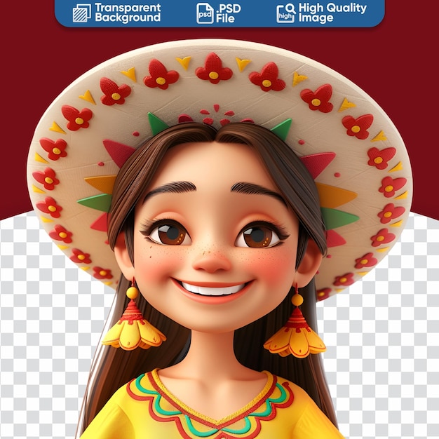 PSD une jolie femme mexicaine en sombrero un rendu d'un simple dessin animé en 3d
