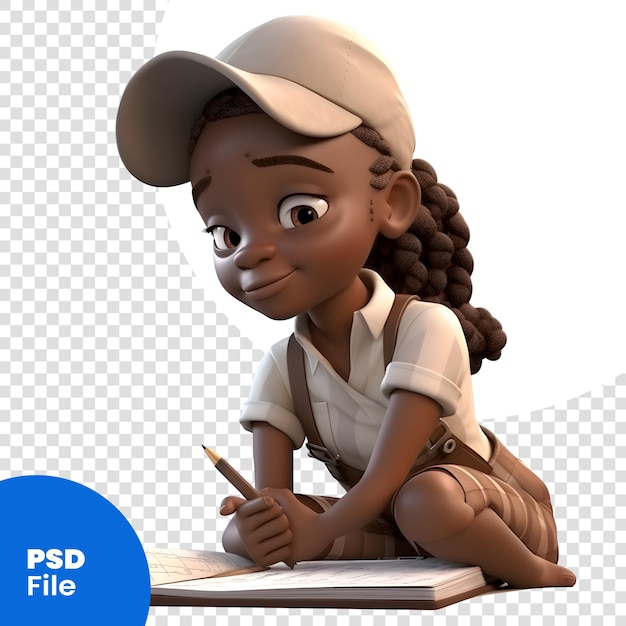 PSD jolie fille afro-américaine écrivant dans un modèle psd de rendu 3d pour ordinateur portable