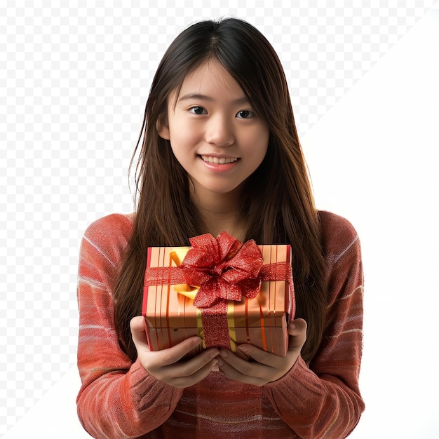 Une Jolie Fille Asiatique Avec Un Cadeau Sur Un Fond Blanc Isolé