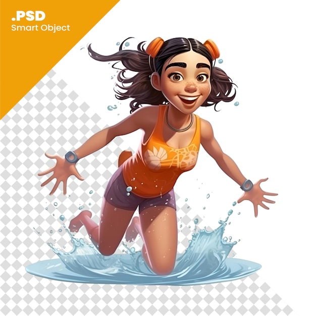 PSD une jolie fille de dessin animé sautant dans l'eau isolée sur fond blanc modèle psd