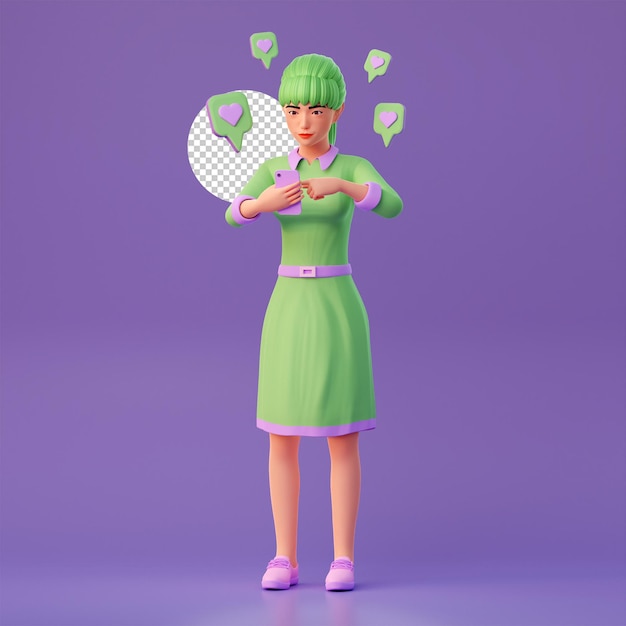 Jolie Fille Jouant Sur Les Réseaux Sociaux Et Comme Post, Amour Flottant, Illustration De Personnage 3d