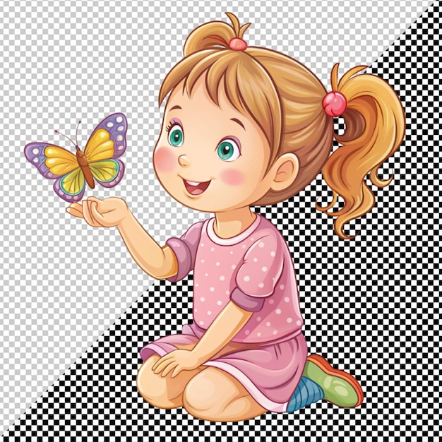 PSD une jolie fille jouant avec un vecteur de papillon sur un fond transparent