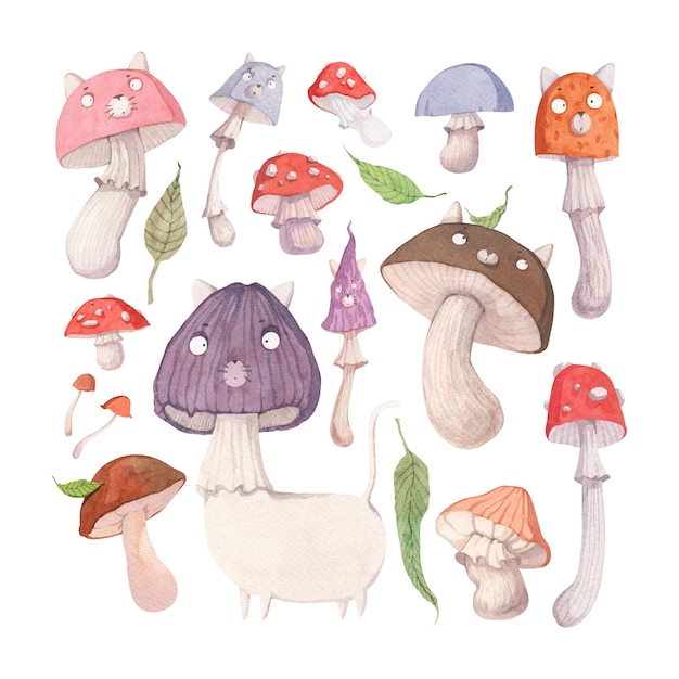Une jolie illustration à l'aquarelle de champignons en forme de chat