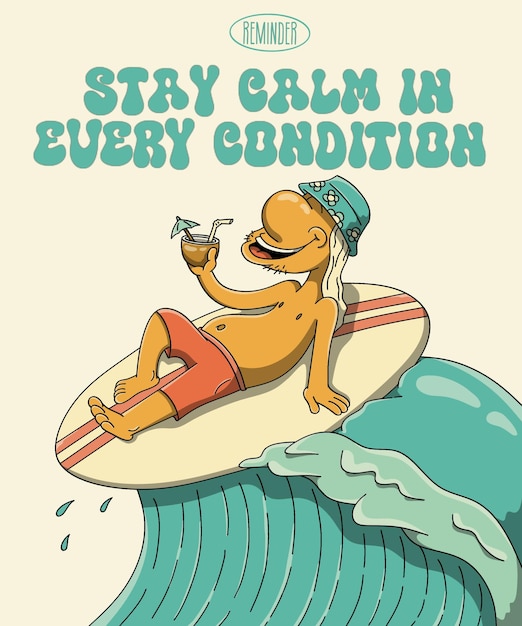 une jolie illustration de dessin animé une fée surfant tout en portant une boisson à la noix de coco