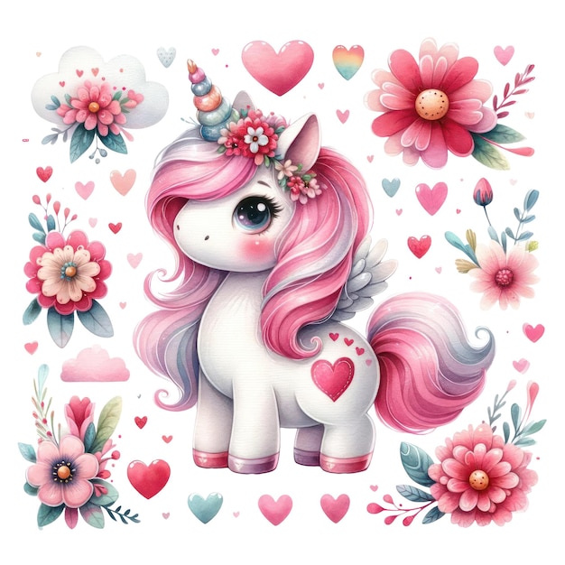 PSD une jolie illustration de la fête de la saint-valentin avec une licorne