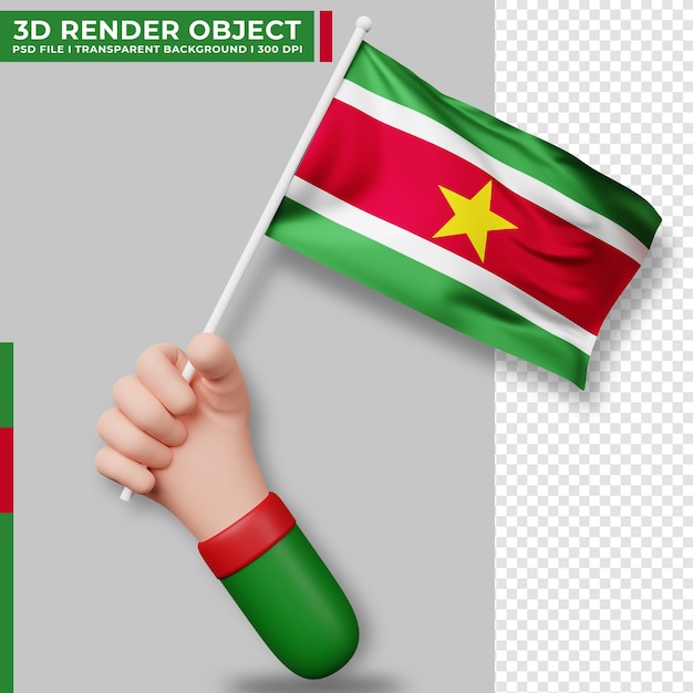 PSD jolie illustration de la main tenant le drapeau du suriname. jour de l'indépendance du suriname. drapeau du pays.