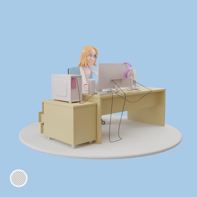 Jolie jeune femme d'affaires travaillant avec un ordinateur portable voir le rapport d'analyse de marché illustration 3d dessin animé