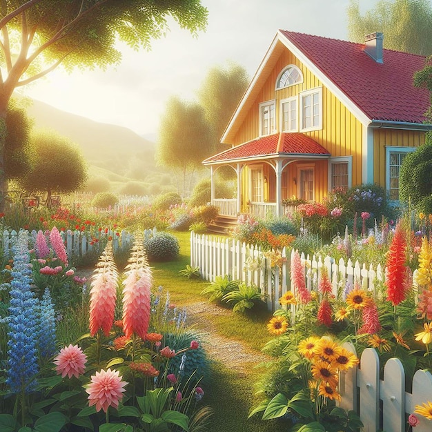 PSD jolie maison avec une illustration de fleurs