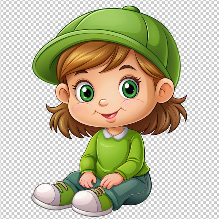 PSD une jolie petite fille de dessin animé portant un chapeau vert assise sur un fond transparent