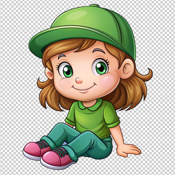 PSD une jolie petite fille de dessin animé portant un chapeau vert assise sur un fond transparent