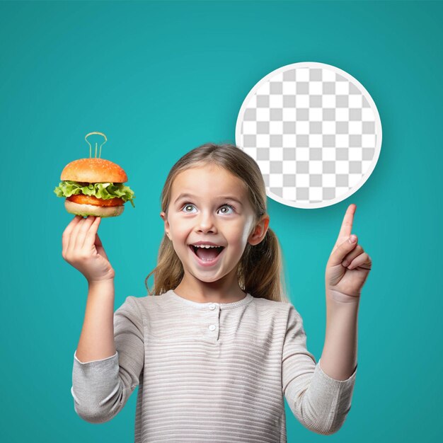 PSD une jolie petite fille avec ici un burger à la main pour une affiche de médias sociaux fond transparent png
