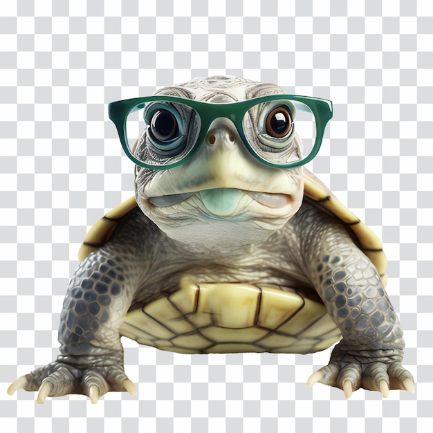 PSD une jolie petite tortue verte portant des lunettes isolée sur transparent