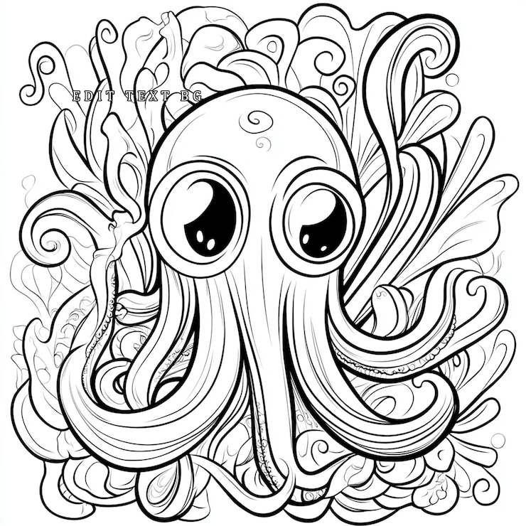 PSD une jolie pieuvre de dessin animé en tourbillons ornés