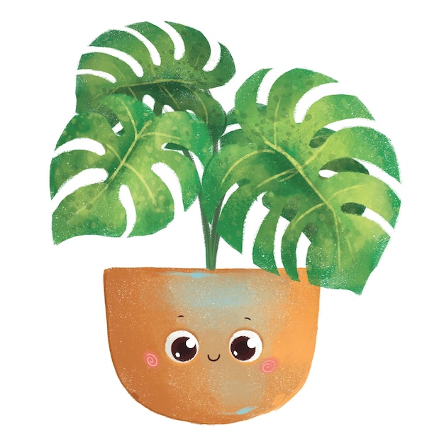Une jolie plante souriante et heureuse dans un pot orange, personnage de dessin animé de style kawaii isolé sur fond blanc