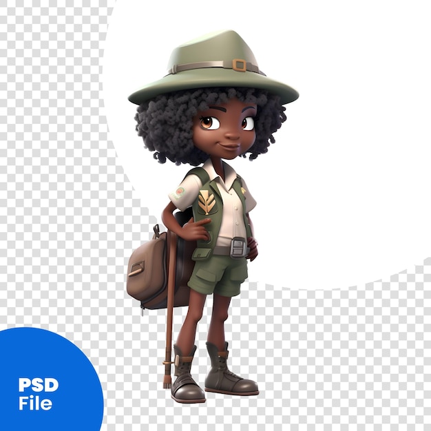 PSD une jolie scout afro-américaine avec un sac à dos fond blanc modèle psd