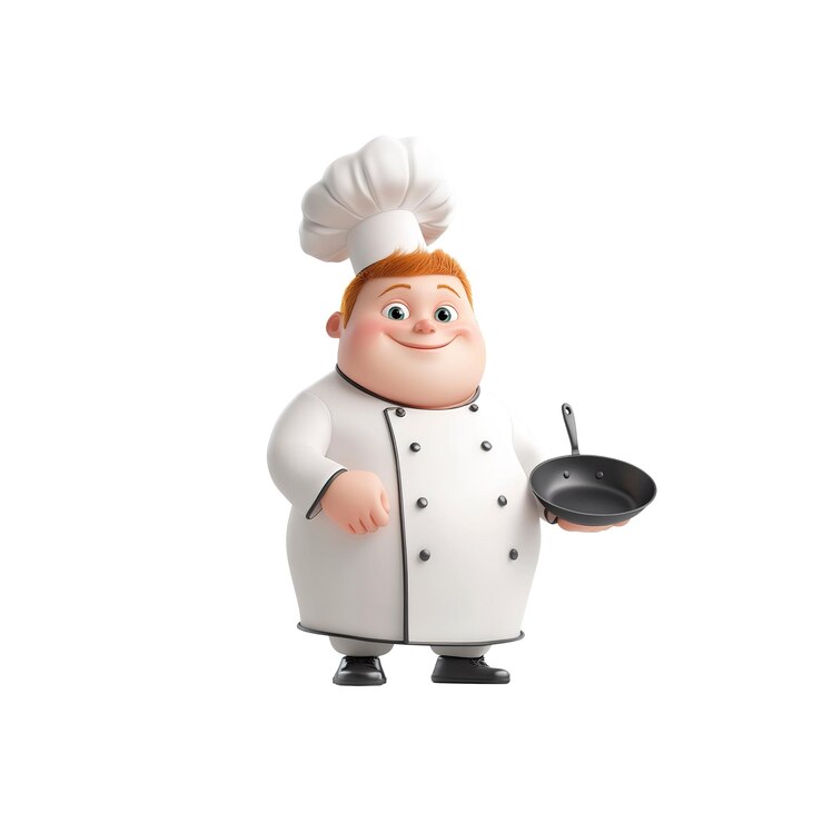 PSD jolly cartoon chef segurando uma frigideira