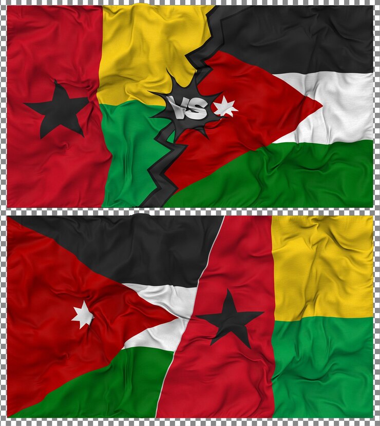 PSD jordania contra guinea bissau media bandera combinada con textura de paño y baches en 3d