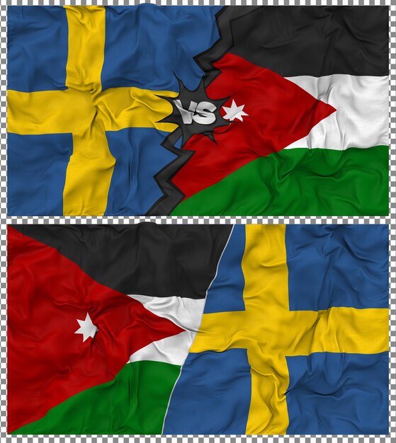 Jordanien gegen Schweden Halbkombinierte Flagge Stoff-Bump-Textur 3D-Rendering
