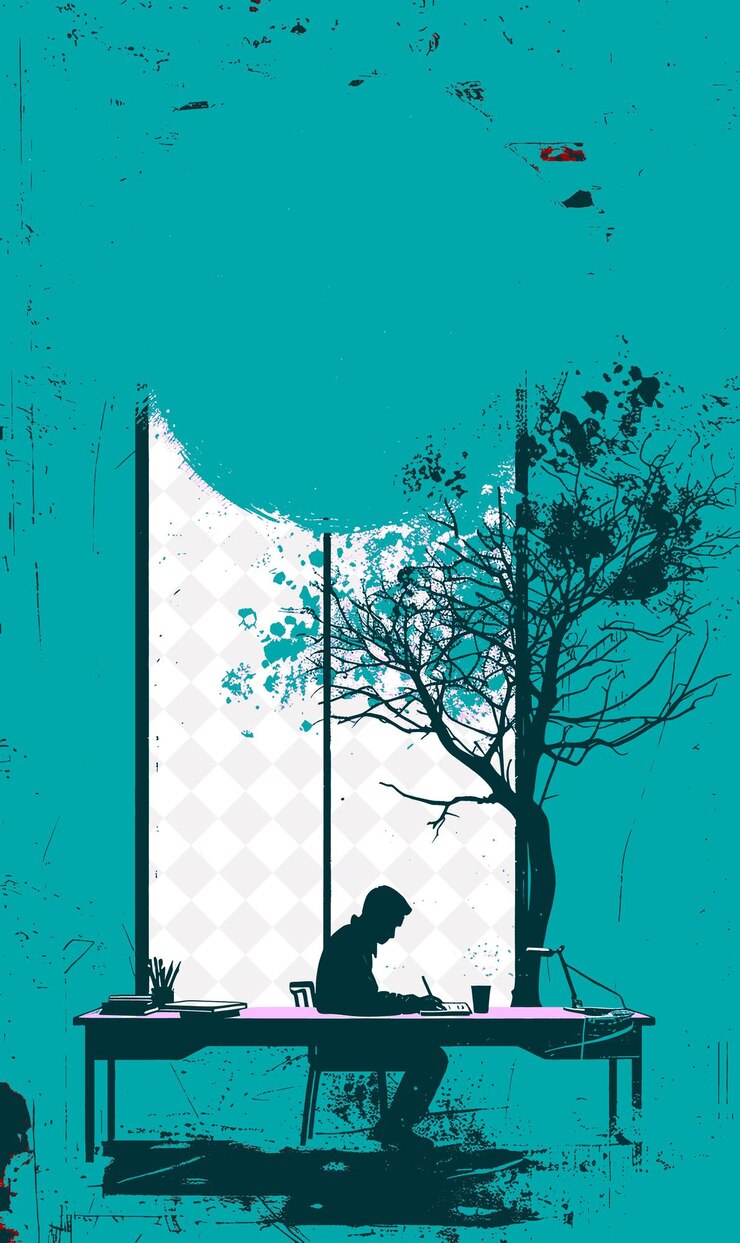 PSD jorge amado écrivant à un bureau avec un arbre d'amarelo rouge à l'extérieur du brésil scène et culture illustrations
