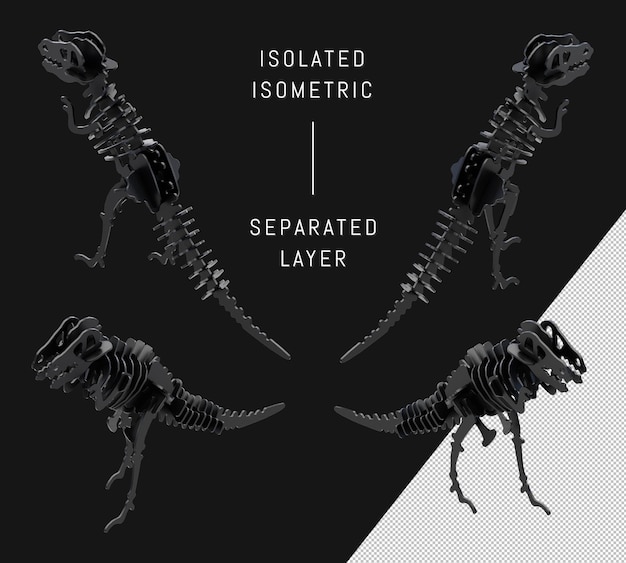 Jouet en bois noir isolé Puzzle squelette de dinosaure modèle TRex ensemble d'éléments isométriques