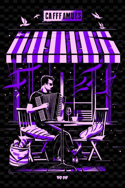 PSD joueur d'accordéon dans un café français avec des auvents rayés et une idée d'affiche musicale d'illustration vectorielle b