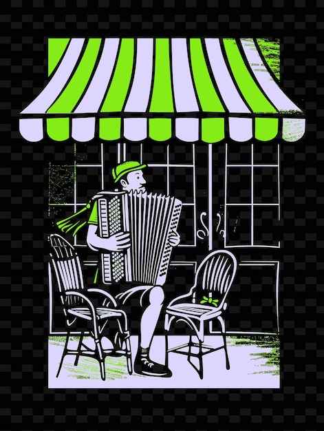 PSD joueur d'accordéon dans un café français avec des auvents rayés et une idée d'affiche musicale d'illustration vectorielle w