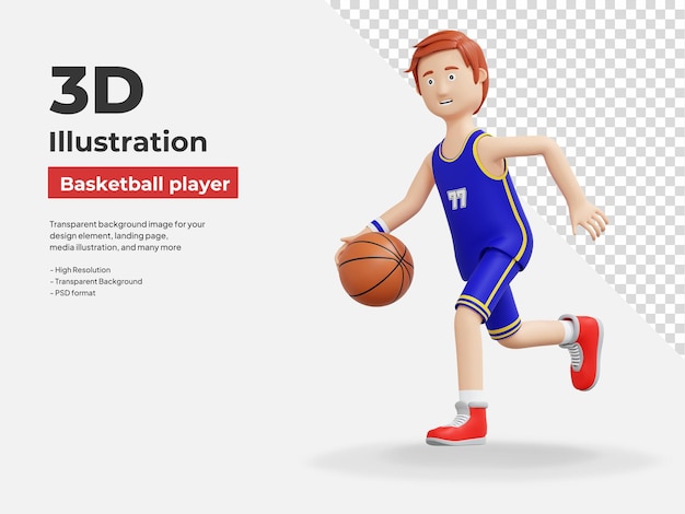 joueur de basket-ball courant et dribble balle illustration de dessin animé 3d