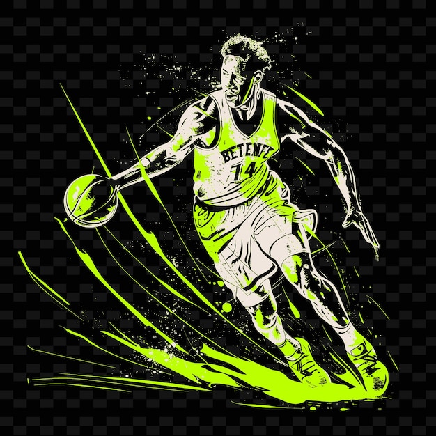 PSD joueur de basket-ball dribblant la balle avec une pose intense et c illustration flat 2d sport backgroundo