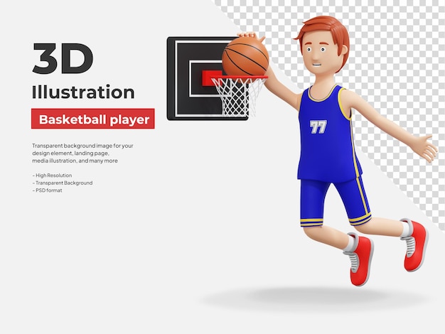 joueur de basket-ball sautant slam dunk pour faire un score illustration de dessin animé 3d