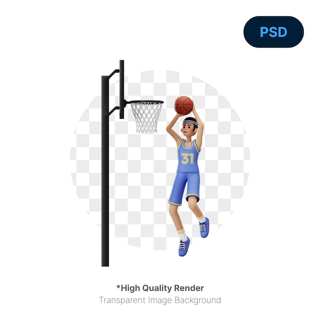 PSD joueur de basket faisant alleyoop dunk personnage 3d illustration psd