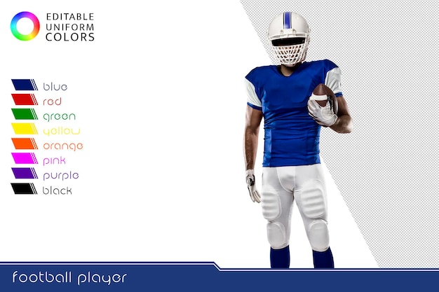 Joueur de football américain avec plusieurs uniformes colorés