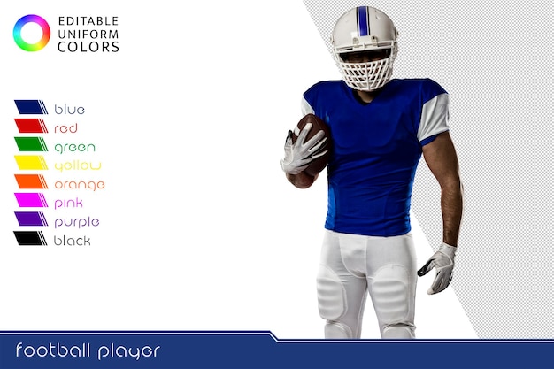 Joueur de football américain avec plusieurs uniformes colorés