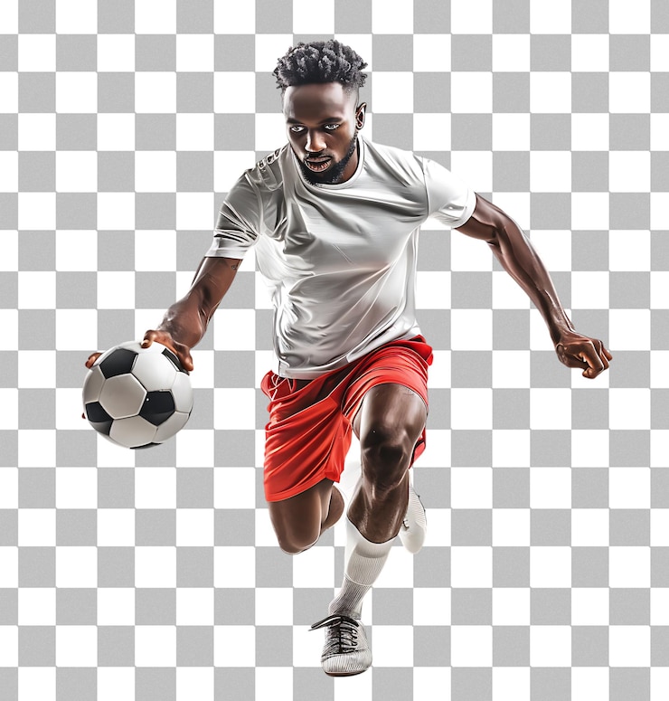 PSD joueur de football homme à la peau foncée jouant sur un fond transparent