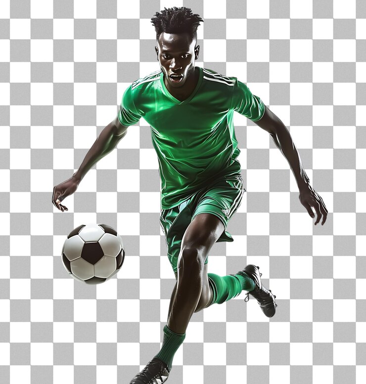 PSD joueur de football homme à la peau foncée jouant sur un fond transparent
