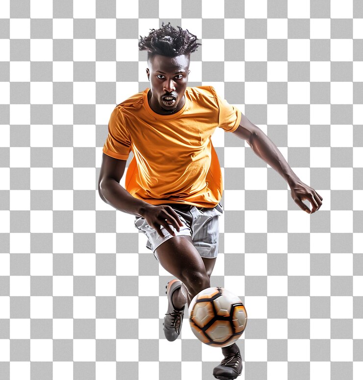 PSD joueur de football homme à la peau foncée jouant sur un fond transparent