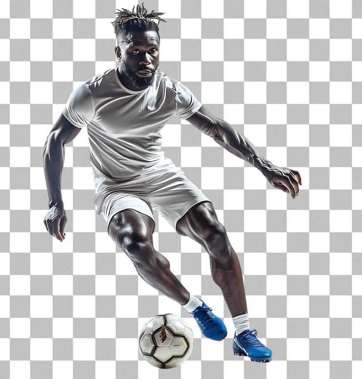 PSD joueur de football homme à la peau foncée jouant sur un fond transparent
